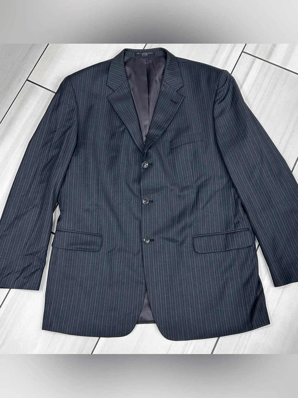 Jones New York Mens Size 46L Dark Blue Gray Pinstripe Wool Sport Coat Blazer
